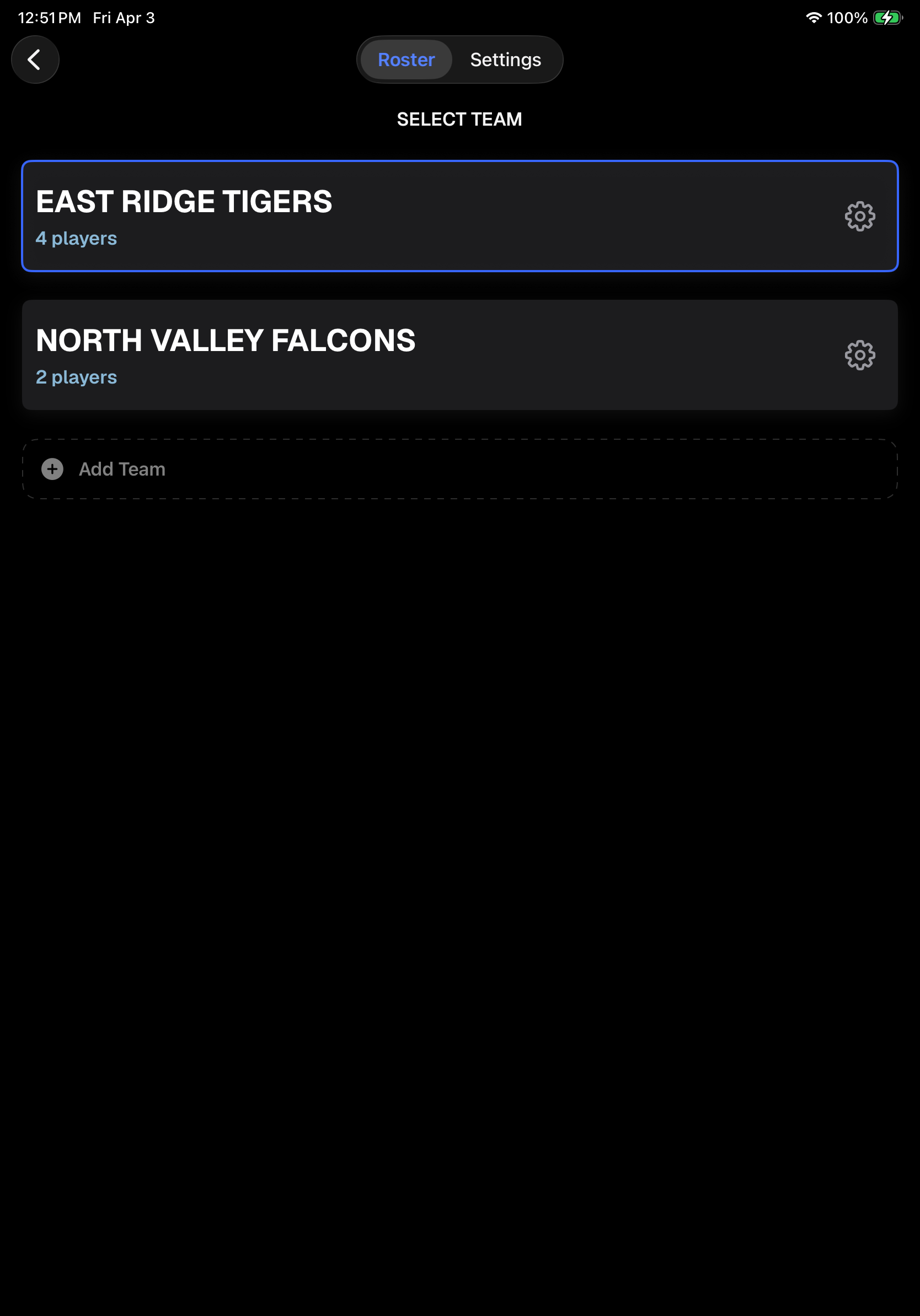 OnDeck Audio team selection screen on iPad