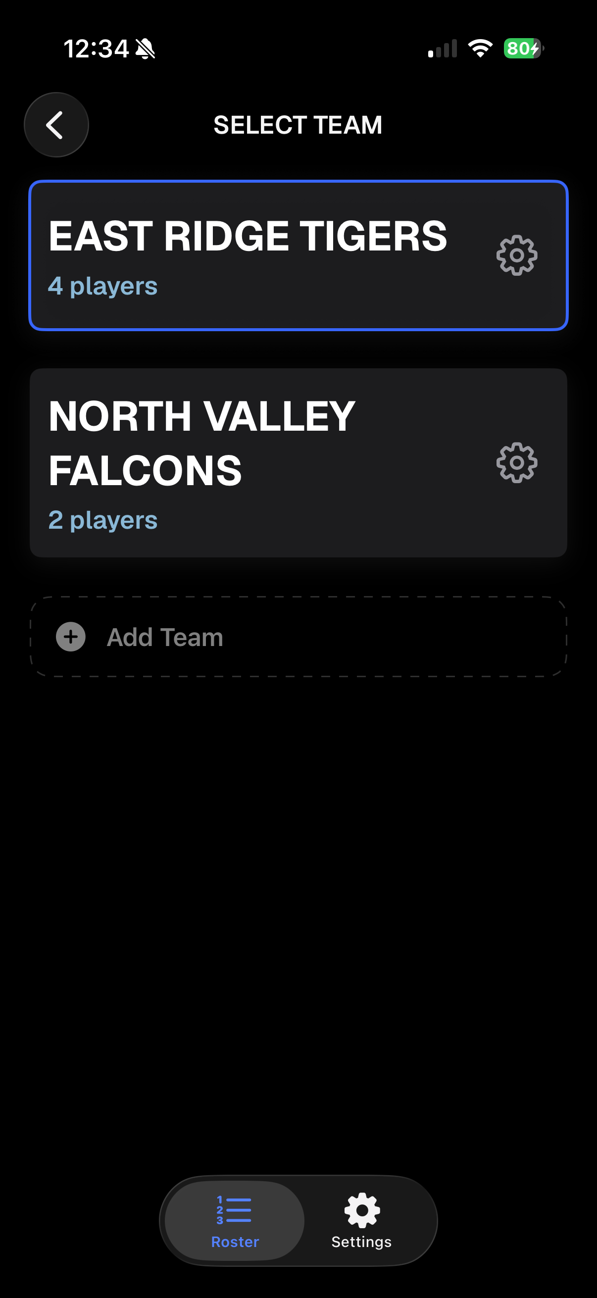 OnDeck Audio team selection screen on iPhone