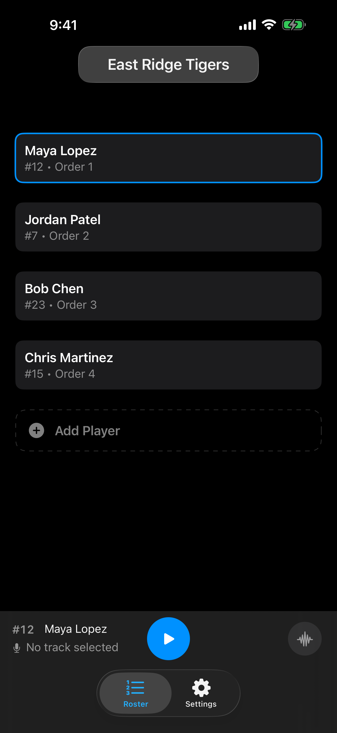 OnDeck Audio roster screen in dark mode on iPhone