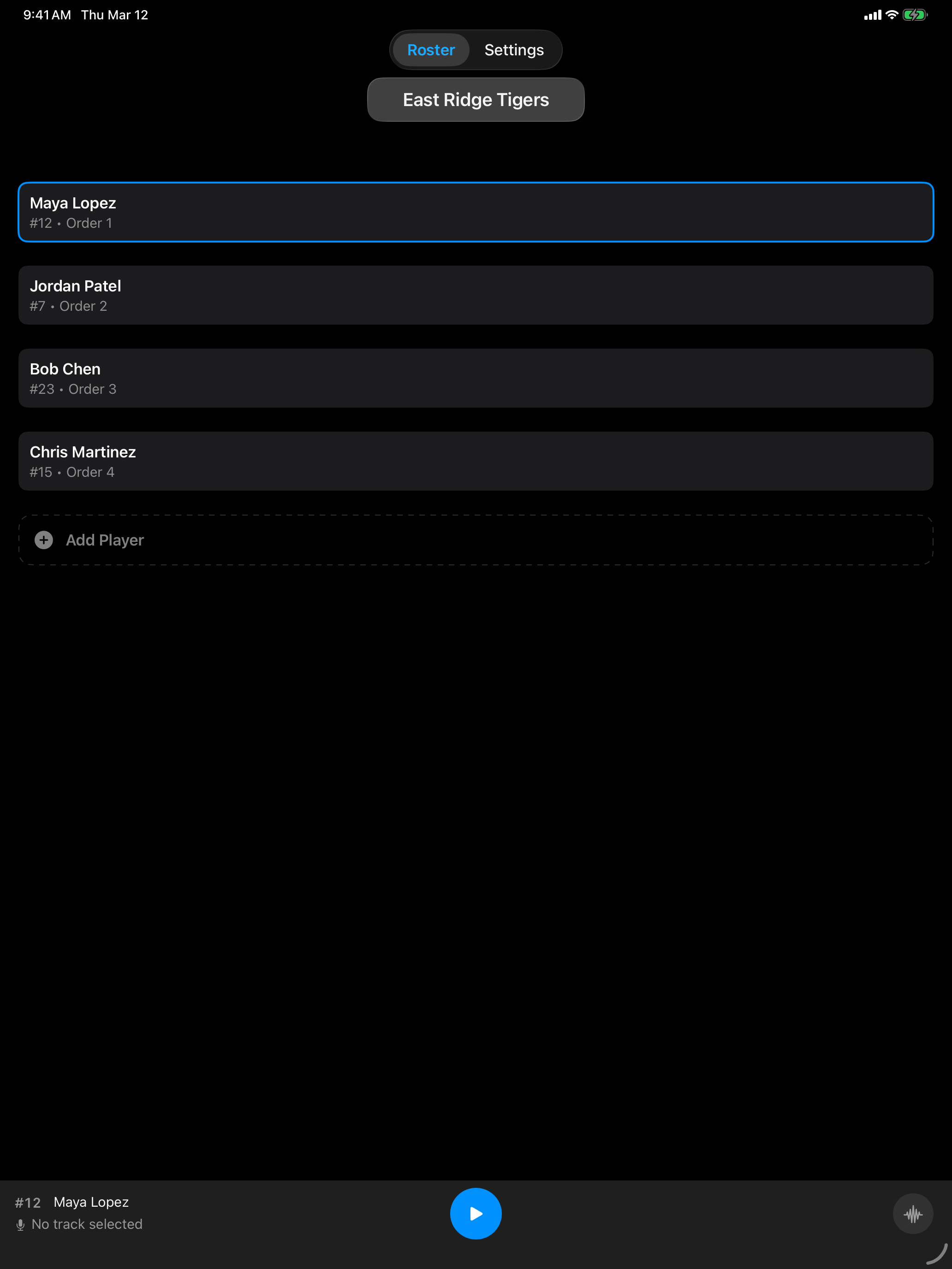 OnDeck Audio roster screen in dark mode on iPad