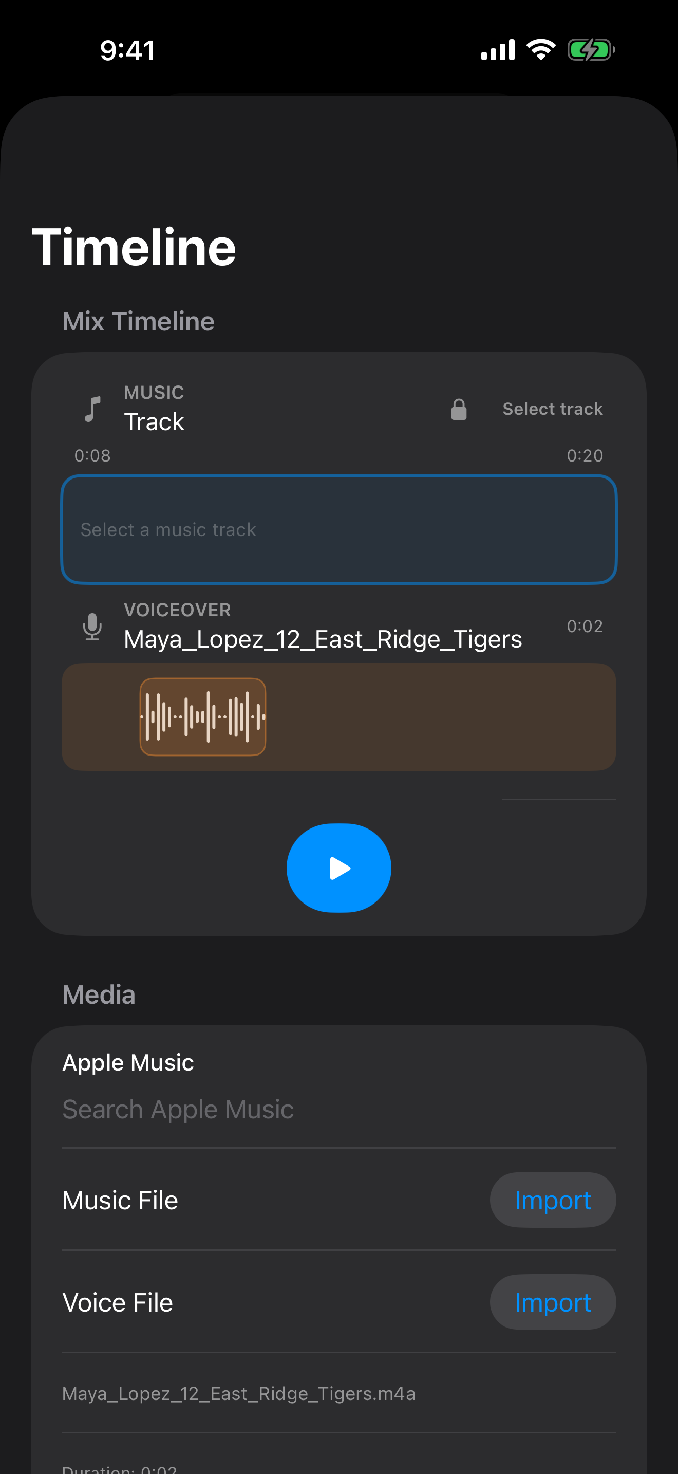 OnDeck Audio timeline editor in dark mode on iPhone