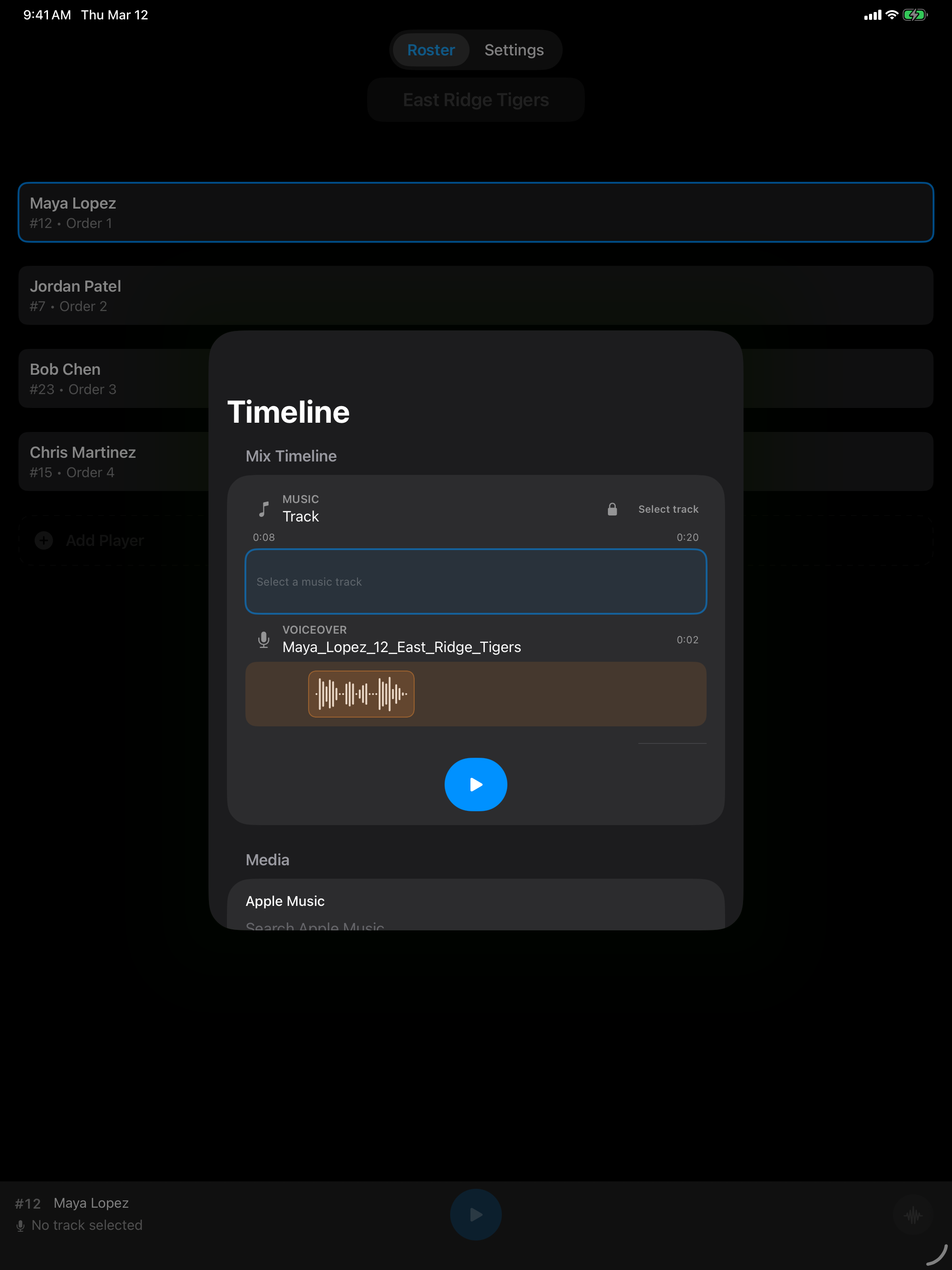 OnDeck Audio timeline editor in dark mode on iPad