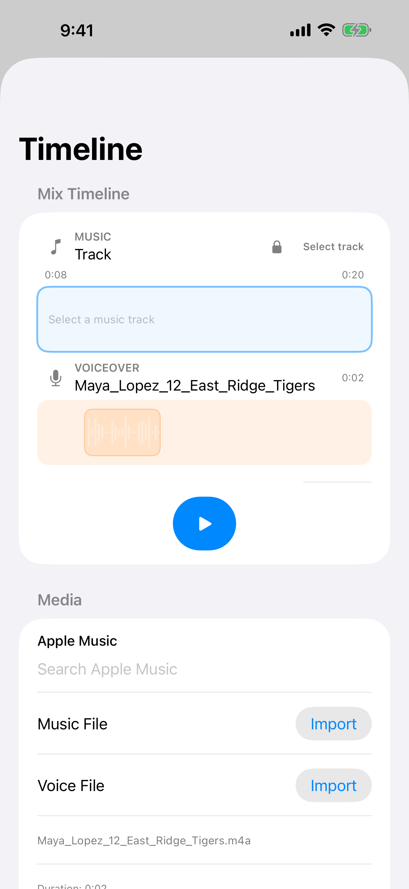 OnDeck Audio timeline editor in light mode on iPhone