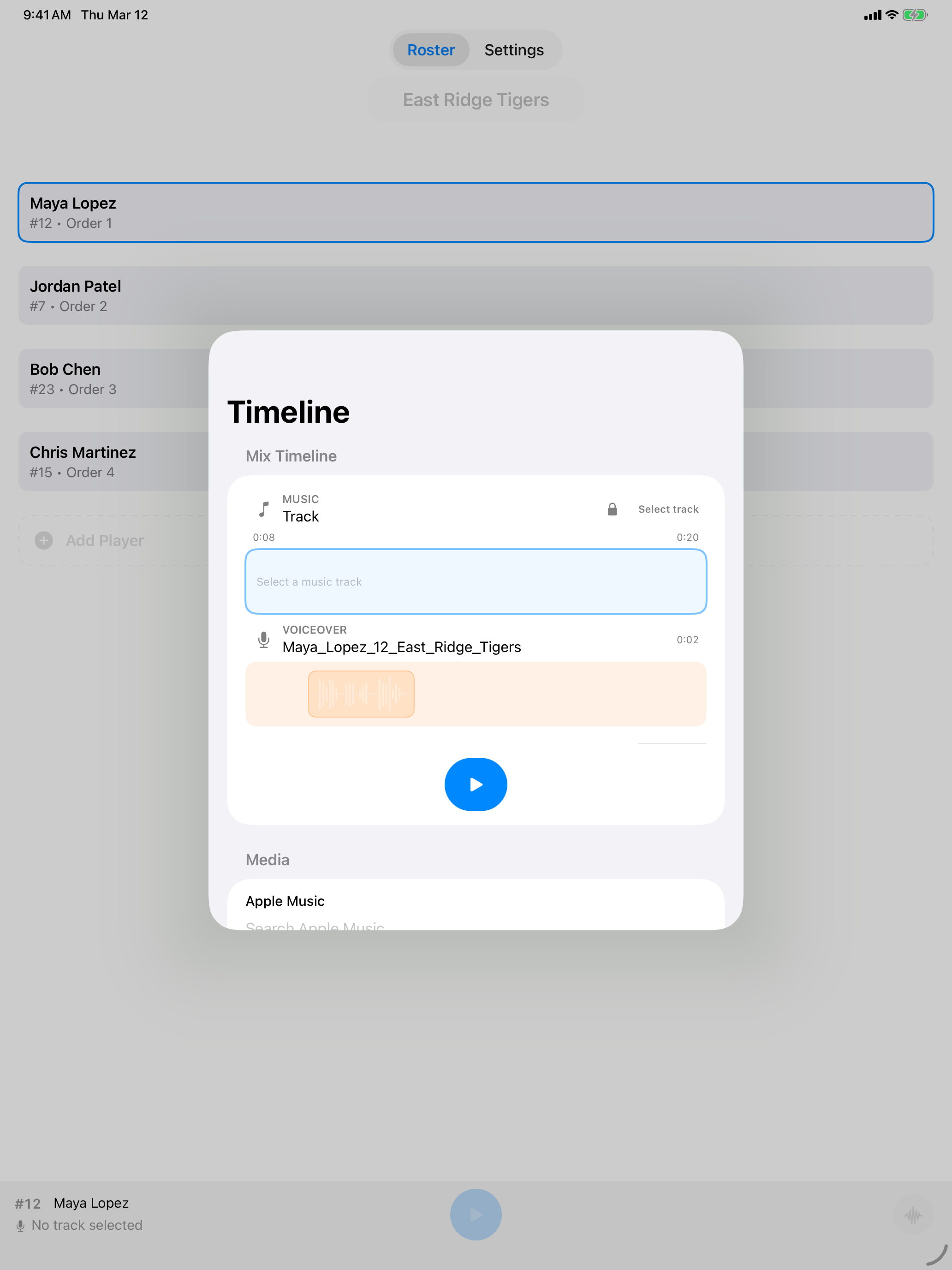 OnDeck Audio timeline editor in light mode on iPad